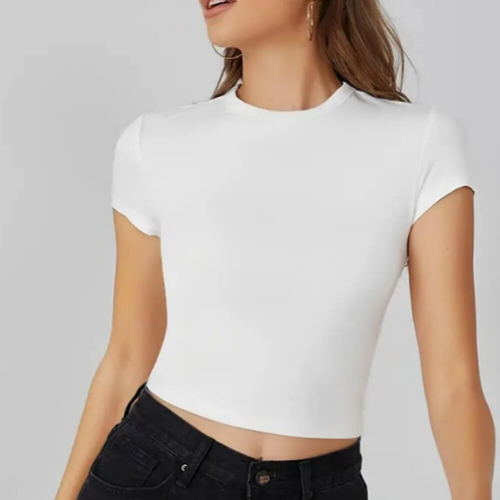 Solid Crew Neck Short Sleeve Cropped T-Shirt | White​